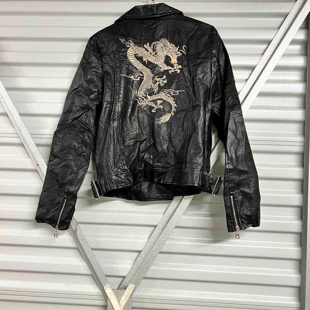 Black Faux Leather Jacket with Gold Dragon Embroidery